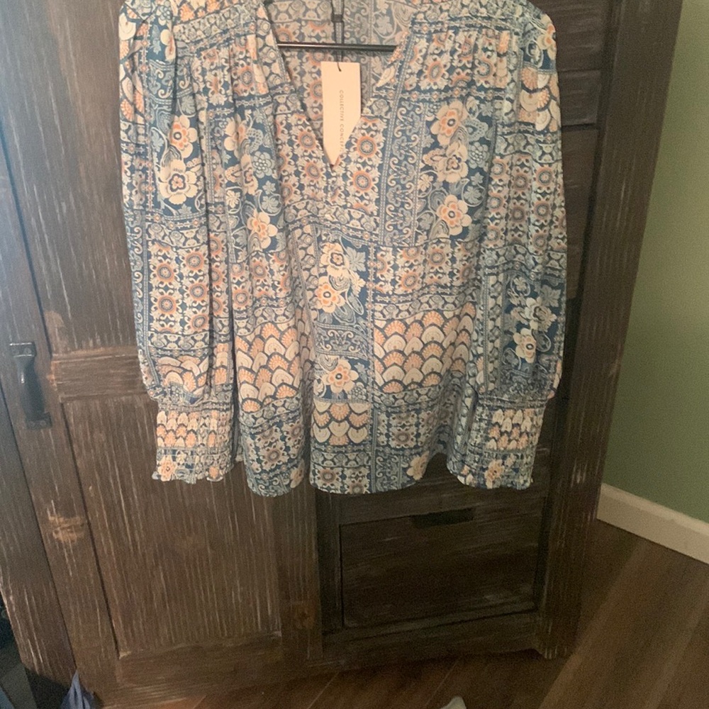 Collective Concepts Blue and Cream Blouse